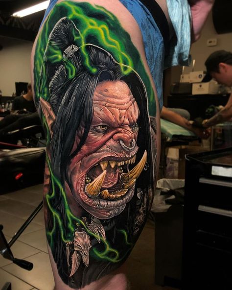 World of Warcraft Orc by Ben Kaye, an artist and co-owner of Ship Shape Tattoo in Orewa, New Zealand. Horde Tattoo, Warcraft Tattoo, Grommash Hellscream, Hero Tattoo, Monster Tattoo, Gamer Tattoos, Model Tattoo, Evil Tattoos, Movie Tattoos