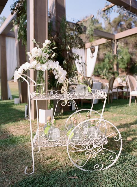 A vintage bar decorated with white orchids was stationed near the dance floor and offered the merry-makers tequila shots. Champagne Wedding Ideas, Wedding Bar Cart, Cocktail Hour Ideas, Fancy Garden, Glitter Room, Sophia Amoruso, Rental Ideas, Drink Display, Glass Bar Cart