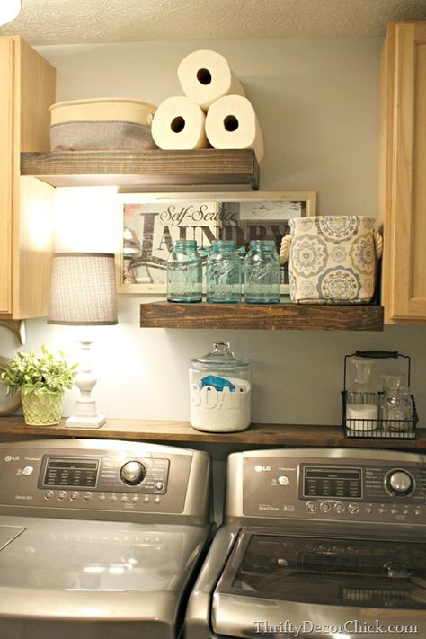 DIY floating shelves in laundry #laundryroom #laundry #laundryroomdecor #laundryservice Rooms Organization, Apartment Laundry, Laundry Shelves, Laundry Room Storage Shelves, Small Laundry Room Organization, Tiny Laundry Rooms, Room Storage Diy, Organization Closet, Basement Laundry Room