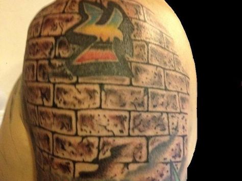 Brick wall tattoo Tattoo Background Design, Brick Wall Tattoo, Brick Tattoo, Tattoo Thigh Piece, Respect Tattoo, Rose Tattoo Thigh, Brick Wall Wallpaper, Tattoo Thigh, Thigh Tattoo Designs