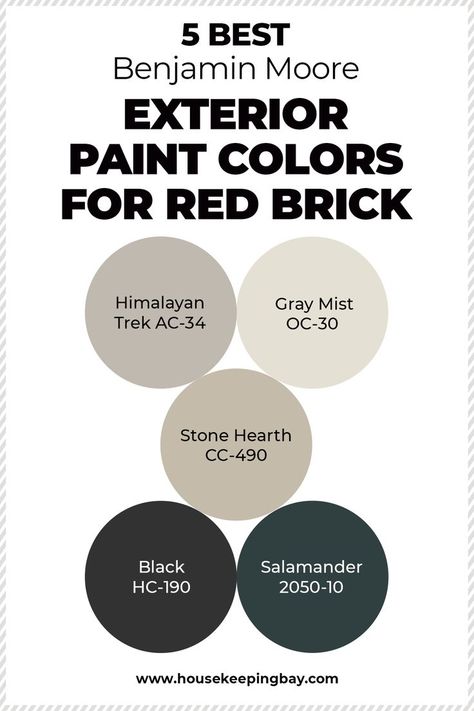 5 Best Benjamin Moore Exterior Paint Colors For Red Brick. There are a few handy options that you can stick to in case you have no better ideas: Black HC-190, Gray Mist OC-30, Stone Hearth CC-490, Himalayan Trek AC-34, Salamander 2050-10. Find more about 5 Best Benjamin Moore Exterior Paint Colors For Red Brick on our webiste. Red Brick Exterior Color Schemes, Red Brick House Exterior Colors Schemes, Benjamin Moore Exterior Paint Colors, Paint Colors Gray, Florida Rooms, Outdoor Paint Colors, Benjamin Moore Exterior Paint, Brick Paint Colors, Red Brick House Exterior