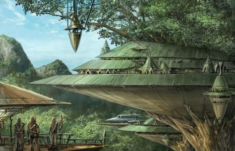 Well we made a deal with the Wookiees and so we have a secret base on their planet and that's our base right there in the corner Edge Of The Empire, Star Wars Planets, Ralph Mcquarrie, Cool Tree Houses, Star Wars Characters Pictures, Star Wars Concept Art, Star Wars Rpg, Building Art, Star Wars Artwork