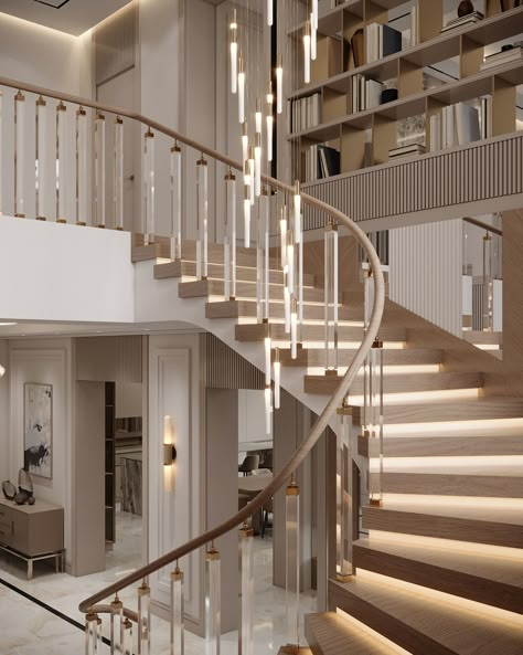 3 Story Open Staircase, Stairs In Middle Of Living Room, Stairs Design Interior Luxury, Open Stairs In Living Room, Duplex Stairs, Central Staircase, درابزين السلم, Staircase Architecture, Curved Stairs