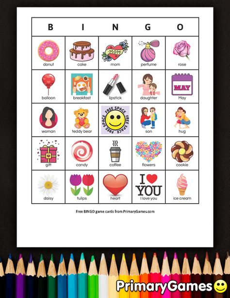 FREE printable Mother's Day BINGO Game. Easy to use - just PRINT and PLAY. Mother's Day picture BINGO cards feature images of Beautiful Flowers, Yummy Treats, Hugs, Gifts and more! Find lots fun BINGO games at PrimaryGames. Mothers Day Bingo Free Printable, Music Games For Kids, Themes For School, Picture Bingo, Mother's Day Games, Monte Alto, Are You My Mother, Mother's Day Theme, Easter Templates Printables