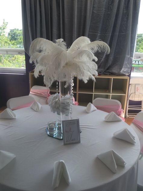 Feather centerpieces enhancing the floating wings for our angel theme christening Angel Party Theme Decoration, Angel Centerpieces, Angels Decor, Decoration Ideas Party, Wing Party, Angel Wedding, Baptism Party Ideas, Debut Party, Angel Baby Shower