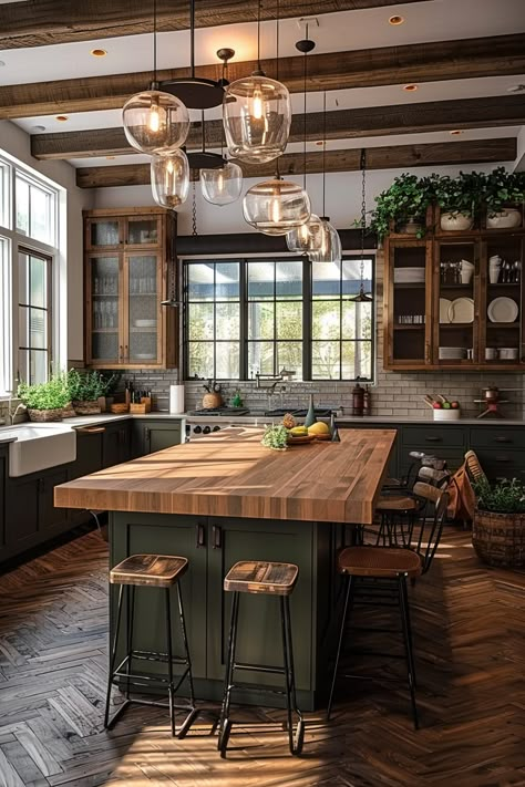 Reclaimed Wood Kitchen Island, Kitchen Island Table, Farmhouse Kitchen Island, Rustic Kitchen Design, Cabin Kitchens, Rustic Farmhouse Kitchen, Farmhouse Dining Room, Trendy Kitchen, Farmhouse Dining