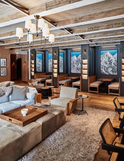 At Madeline Hotel & Residences in Telluride, contemporary yet rustic mountain interiors match the majestic alpine landscape of America’s best mountain town, welcoming guests to relax and unwind after the day’s adventures. #AlwaysAuberge Hotel Lodge Design, Luxury Hotel Interior Design, Mountain Hotel Lobby, Rustic Hotel Lobby, Mountain Hotel Room, Mountain Hotel Design, Ski Lodge Aesthetic, Rustic Hotel, Rustic Lounge