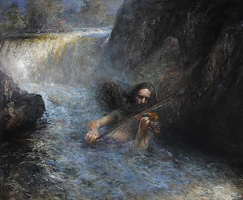 Jonny Andvik: Fossegrimen.  The Fossegrimen is a spirit who lives in waterfalls and is neither good nor evil - unlike his kinsman, the Nøkken who is both dangerous and clever. The Fossegrimen is a magnificent musician who plays the fiddle day and night. If an aspiring fiddle player ventures to seek his help, the Fossegrimen will gladly help, for a price of course. He must go to the waterfall and offer the Fossegrimen   a nice meal, usually a good plump joint of meat. Water Spirit, Water Nymphs, Ways Of Seeing, Naha, Handsome Man, Norse Mythology, Folk Tales, Old Master, Magical Creatures