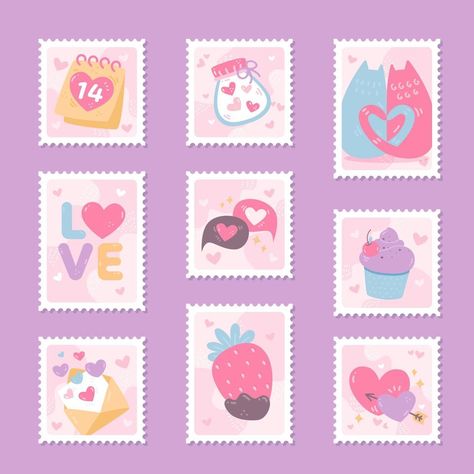 Stamp Stickers Printable, Cute Stickers Printable Kawaii Stamps, Diary Doodles, Valentine Elements, Stamp Printable, Snoopy Valentine's Day, Stamp Drawing, Kawaii Valentine, Stamp Stickers