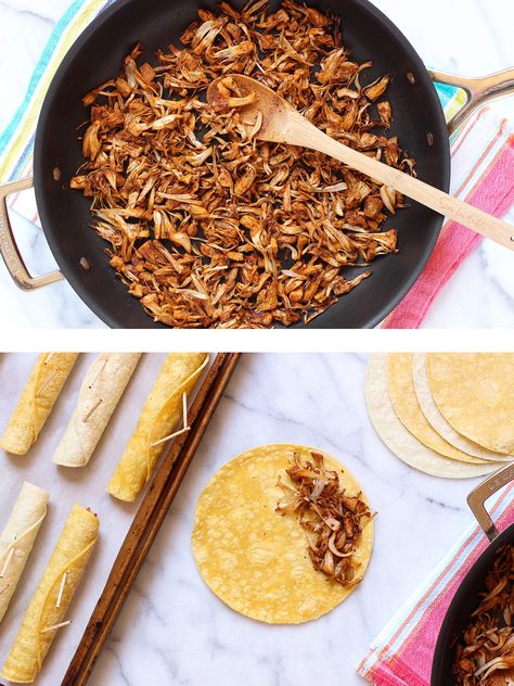 Baked jackfruit taquitos with spicy Southwest dipping sauce - vegan & gluten free Southwest Dipping Sauce, Jackfruit Taquitos, Sweet Dipping Sauce, Southwest Sauce, Beef Taquitos, Jackfruit Seeds, Taquitos Beef, Cashew Sour Cream, Jackfruit Recipes