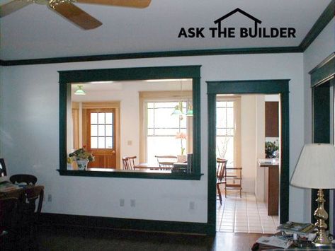 This wall has a huge beam resting on the left side of the pass-through opening as well as roof load along the entire wall! Wall Opening Between Rooms, Load Bearing Wall Ideas Open Concept, Wall Kitchen Ideas, Load Bearing Wall Ideas, Wall Between Kitchen And Living Room, Removing Wall, Half Wall Ideas, Ranch Makeover, Make A Closet