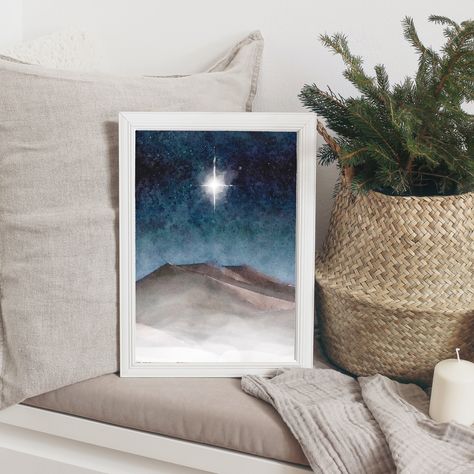 Christmas Wall Art Printables, Nativity Christmas Cards, Watercolor Christmas Cards Diy, Nativity Painting, Christmas Christian, Watercolor Winter, Silhouette Painting, Watercolor Paintings For Beginners, Star Painting