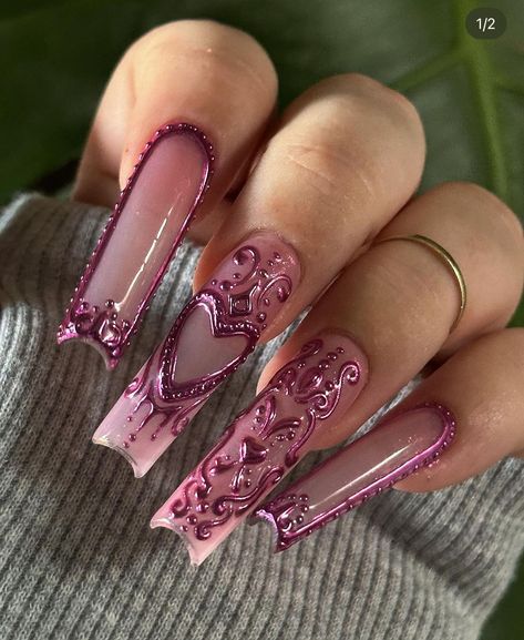 25th Birthday Nails Ideas, Xl Coffin Nail Ideas, Rave Nail Ideas, Mythical Nails, Pink Grunge Nails, Airbrush Art Nails, 2000s Inspired Nails, Y3k Nails, Extra Christmas Nails