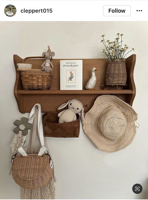 Decorating Nursery Shelves, Built In Wall Shelf Decor, Vintage Nursery Shelf Decor, Vintage Rabbit Nursery, Cottage Themed Nursery, English Cottage Style Nursery, Country Cottage Nursery, Vintage Cottage Nursery, Vintage Bunny Nursery