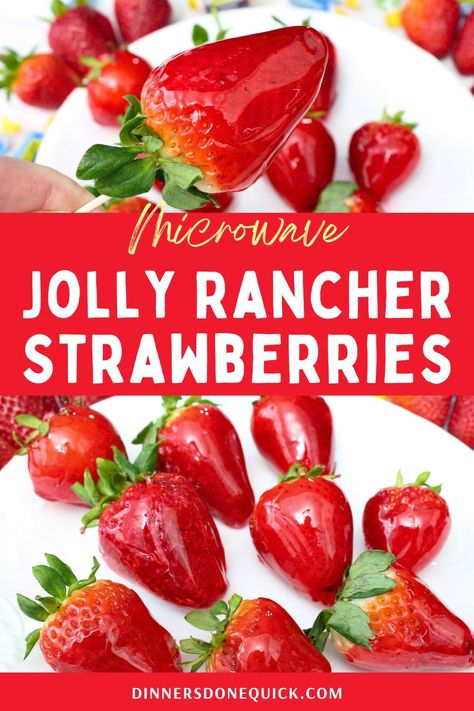 Enjoy a sweet and crunchy delight with my Jolly Rancher strawberries recipe! 🍓✨ Similar to tanghulu, you can experience the magic of candy-coated fruit in just a few simple steps. It's the spring time version of Jolly Rancher grapes! Perfect for satisfying your sweet tooth or impressing guests at your next gathering! #JollyRancher #Strawberries #CandyCoatedFruit Candy Strawberries With Jolly Ranchers, Jolly Rancher Melted Candy, Jolly Rancher Strawberries, Candy Grapes Recipes Jolly Rancher, Strange Desserts, Jolly Rancher Grapes, Jolly Ranchers Candy Apples, Candied Strawberries Recipe, Jolly Rancher Apples