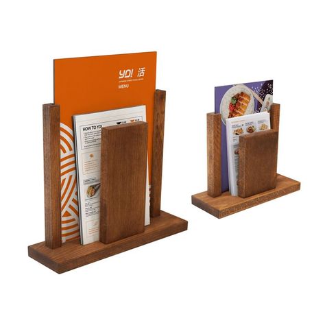 Menu Holder Ideas, Wooden Menu Stand, Diy Display Stand, Wood Menu Holder, Wood Menu, Menu Table, Menu Stand, Display Posters, Brochure Holders