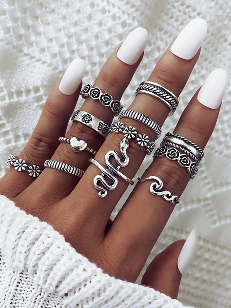 Snake Flower, Mix & Match, Hippie Stil, Ring Sets Boho, Silver Ring Set, Geometric Ring, Knuckle Rings, Style Punk, Jewelry Model