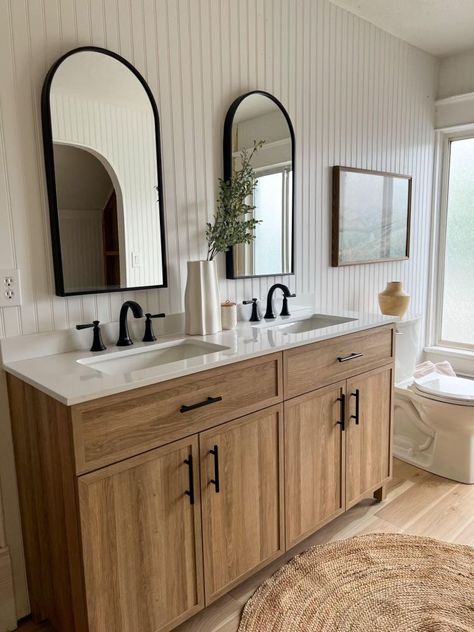 Small Double Vanity Bathroom, Small Double Vanity, Beadboard Bathroom, Sink Decor, Project Portfolio, English Tudor, Bathroom Redesign, Double Vanity Bathroom, Upstairs Bathrooms