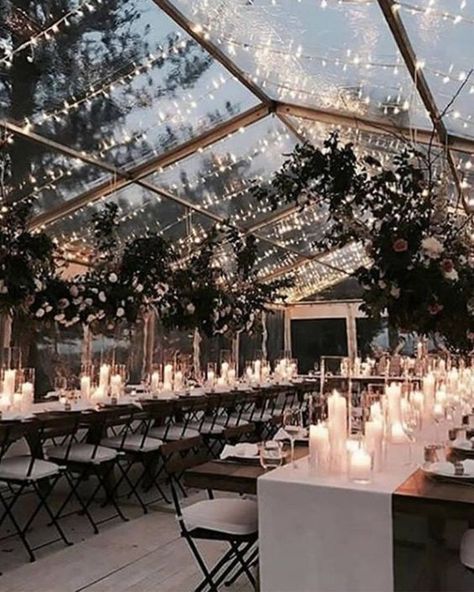 Enjoy the winter night sky under a swoon-worthy clear tented wedding reception. If you're planning a winter wedding you'll love this option of having a clear tent as you can see the sky but can still stay warm inside.  #winterwedding #weddingvenue #weddingideas #rusticwedding Kasut Pengantin, Candles And Flowers, Clear Tent, Rustic Wedding Decorations, Wedding Ceremony Ideas, Outdoor Wedding Reception, Grace Loves Lace, Ceremony Arch, Tent Wedding