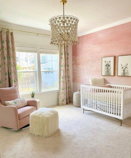 TRENDING: Abstract, faux-textured wallpaper is totally bringing these nursery walls up a notch. Glam vibes, for sure! TAP to shop this wallpaper.  Design: @morganlonginteriors for mama @cassidy_jacobsen Unique Nursery Themes, Llama Nursery, Girl Nursery Pink, Girl Nursery Themes, Gold Nursery, Cozy Nursery, Girl Nursery Room, White Nursery