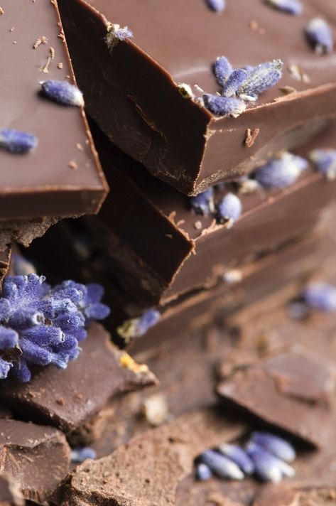 Homemade chocolate with lavender flowers Lavender Chocolate, Cacao Recipes, Fair Trade Chocolate, Lavender Fragrance, Homemade Hot Chocolate, Homemade Whipped Cream, Hot Chocolate Recipes, Fragrance Oils, Delicious Vegan Recipes