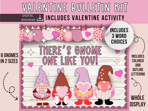 valentine bulletin board | gnome Bulletin Board | february bulletin board | easy bulletin board | love bulletin board kit by SlidesAndStyle on Etsy Gnome Valentine Bulletin Board, Easy Bulletin Boards, February Bulletin Boards, Valentine Bulletin Boards, Cute Love Heart, Bulletin Board, Heart Themed, Valentine Activities, Learning Spaces