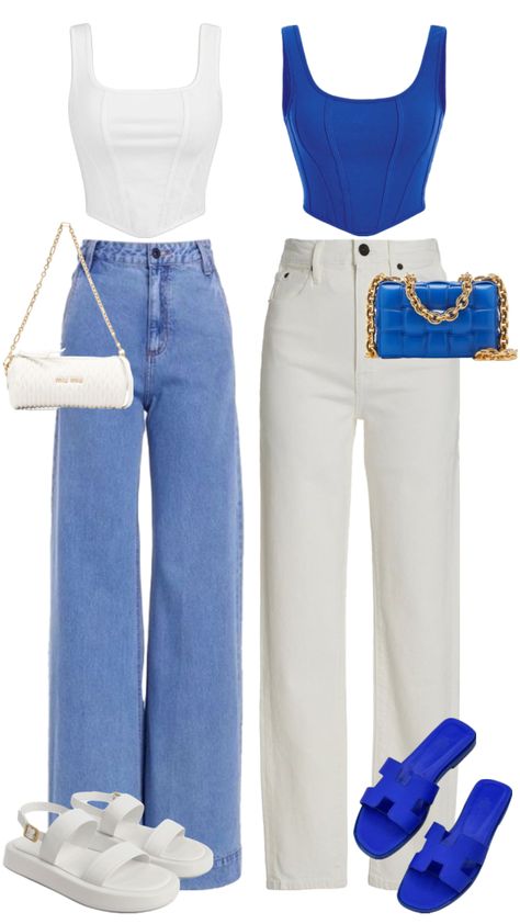 Blue Look Outfit, Blue Women Outfit, Blue On Blue Outfit, Blue And White Outfit Ideas, Cute Blue Outfits, Blue Heels Outfit, Blue White Outfit, Blue Outfit Ideas, Blue And White Outfit