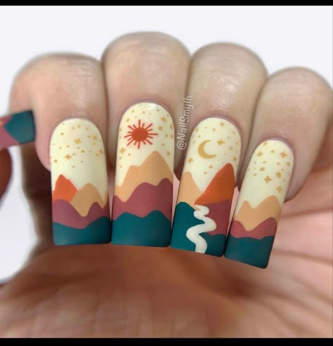 Desert Inspired Nails, Mountain Nails Designs, Desert Nail Art, River Nails, Landscape Nail Art, Mountain Nails, Desert Nails, Cactus Nails, Coconut Latte