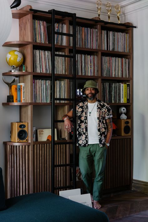 Wyatt Cenac’s Historic Brooklyn Brownstone Went From Plain to Deeply Personal | Architectural Digest Small Paris Apartment, Brownstone Boys, Vinyl Record Room, Vinyl Shelf, Home Music Rooms, Vinyl Room, Record Room, Record Shelf, School House Lighting