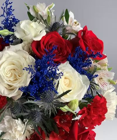 Memorial Day Flowers & Gifts | Baltimore (MD) Same-Day Delivery | Flowers & Fancies Red White And Royal Blue Wedding, Red White Blue Bouquet, Red White And Blue Wedding Decorations, Red White And Blue Flower Arrangements, Light Blue And Red Wedding, Navy Blue And Red Wedding Theme, Red White And Blue Wedding Theme, Hoco Bouquet, Memorial Day Flowers