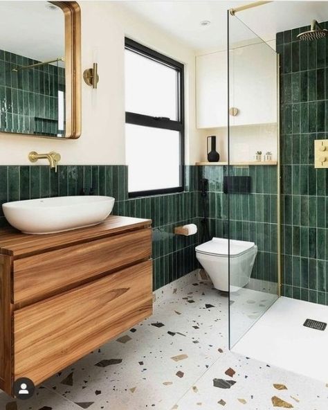 Half Green Tile Bathroom, Bathroom Decor Green Tiles, Green Terracotta Bathroom, Bathroom Tile Ideas Colorful, Modern Heritage Bathroom, Bathroom Ideas Emerald Green, Green Vertical Tile Bathroom, Bathroom Ideas Long Narrow, Green En Suite