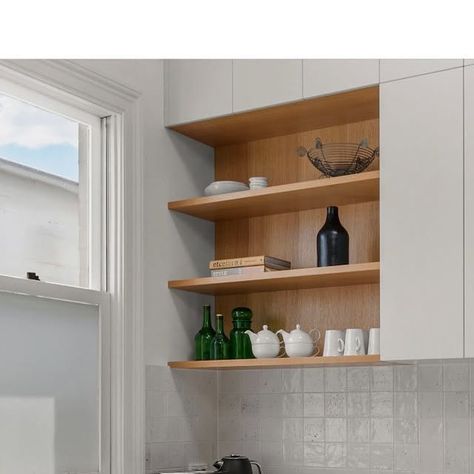 K.S.I.D | Interior Design on Instagram: "DETAILS ✨ We detailed the timber shelves - in our recent Glebe kitchen - so that they had a “floating” appearance. The overhead cupboards also incorporated a timber base. Steering clear of heavier frames.

We wanted to move away from a “boxy” look, & fully maximise a light & overly open aesthetic.

Interiors by us 🙋🏼‍♀️ @ksid_interiors 
📷 Photography by @lovespacephotography 

#kitchen #kitchendesign #kitchencabinets #joinery #joinerydesign #shelving #timbershelving #interiors #interiordesign #interiordesigner #design #innerwestinteriors #innerwesthomes #airbnbhomes" Open Aesthetic, Timber Shelves, Interiors Photography, Joinery Design, Interior Photography, Joinery, Cupboard, Kitchen Design, Kitchen Cabinets