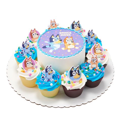 Bluey 5" Cake with 10 Cupcakes - Sam's Club Bluey Cupcakes For A Girl, Bluey Themed Cupcakes, Bluey Themed Cake, Bluey Cupcakes, 5 Cake, Ariel Hair, Bluey Birthday, Chocolate Sprinkles, Themed Cupcakes