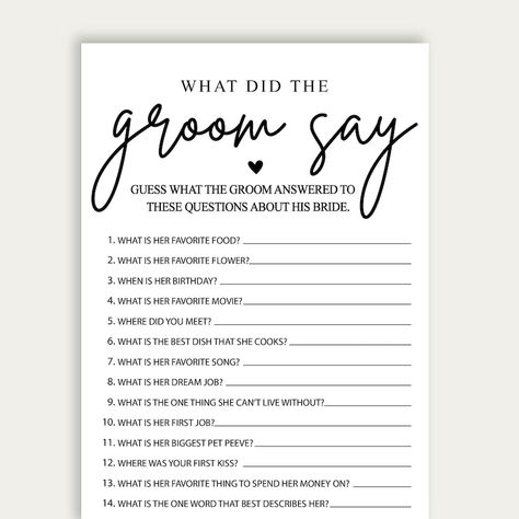 What Did the Groom Say Bridal Shower Game, Bridal Shower Printable, the Groom Said That Game, Minimalist the Groom Said What Party Game, 216 - Etsy Canada Groom Interview Game, Interview The Groom Game, Pijama Party, Game Diy, Misspelled Words, White Bridal Shower, Bridal Shower Printables, White Minimal, Reception Signs