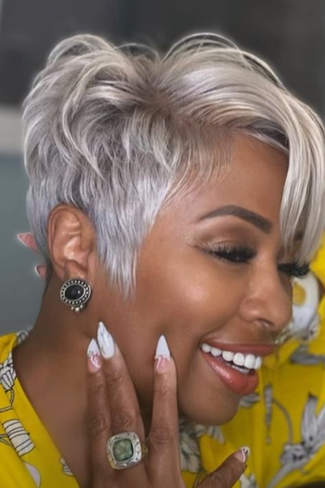 Plus Black Outfits, Short Bob Hairstyles For Black Women Thinning Hair, Platinum On Dark Skin, Salt And Pepper Short Hairstyles, Edgy Blonde Bob, Short Salt And Pepper Hair Black Women, Grey Pixie Haircut Older Women, Short Silver Hair Pixie Cuts Older Women, Black Women Short Hairstyles Natural