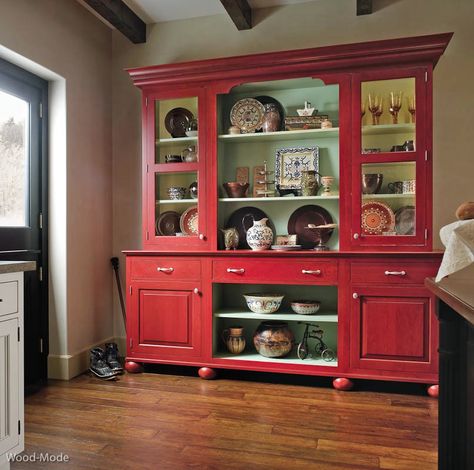 Wood Mode European Country Country Hutch, Country Sideboard, Red Painted Furniture, Painted Hutch, Painted China Cabinets, Shelves Display, Grey Dining Room, Brown Cabinets, China Furniture