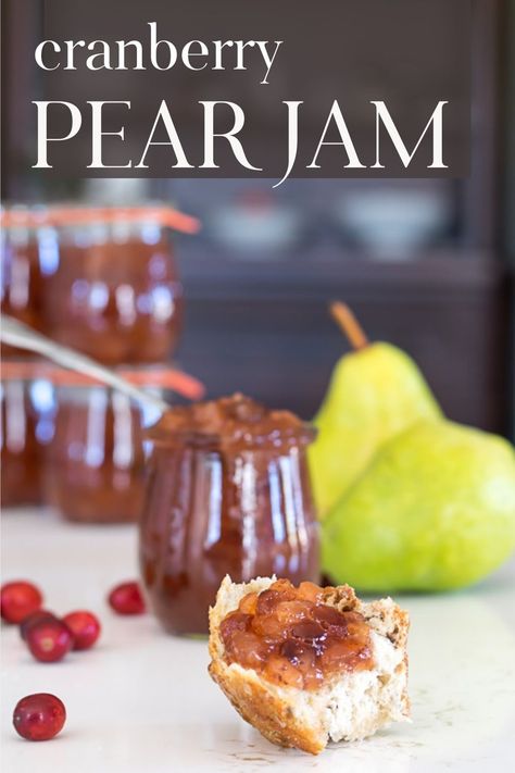 Prepare this Pear Jam, flavored with Dried Cranberries and the warm spices Ginger and Cinnamon, for your family to enjoy this holiday. This simple pear preserves recipe uses a water bath canner to make the jam shelf-stable. As such, it is perfect for gifting this holiday as well. Cranberry Pear Jam, Pear Preserves Recipe, Savory Food Gifts, Easy Food Gifts, Pear Preserves, Ginger Pear, Savory Jam, Blueberry Jam Recipe, Cranberry Pear