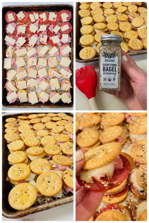 Super easy to make and always delicious Ritz Cracker Party Sandwiches are the life of every party, with a buttery glaze, ham and cheese. Ritz Cracker Nachos, Ham And Cheese Crackers, Ritz Cracker Sandwich Appetizers, Low Cost Appetizers, Ritz Crackers Party Sandwiches, Ritz Cracker Party Sandwiches Recipes, Snacks For Camp, Football Saturday Food, Ham And Swiss Cracker Melts