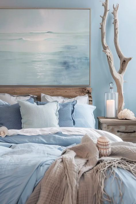 Step into a serene coastal boho bedroom. Feel the calm of the sea and stylish decor. Tap for more soothing bedroom ideas! Bedroom Inspirations Master Cozy, Light Blue Boho Bedroom, Blue Boho Bedroom Ideas, Beach Headboard, Blue Boho Bedroom, Coastal Boho Bedroom, Sea Bedrooms, Light Blue Bedroom, Boho Bedrooms