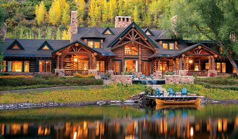 Timber Frame Mansion, Limestone Exterior, Mountain House Design, Lodge Style Home, Cabin Remodel, Alpine Lodge, Log Houses, Modern Lodge, Timber Frame House