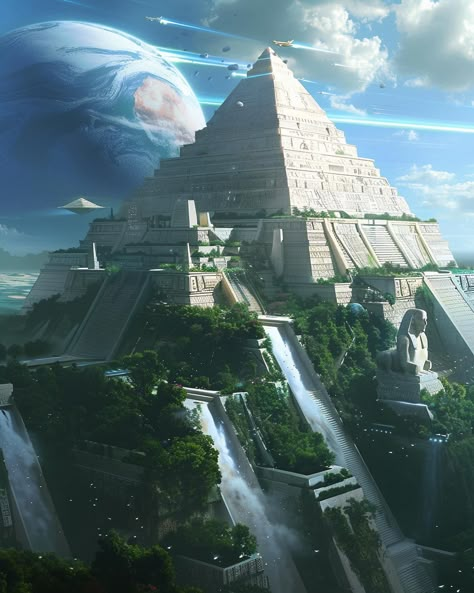 A futuristic civilisation inspired by ancient pyramids. #ancientarchitecture #ancient #ancientcity #pyramids #pyramid #scifiworld #scifi #futurecity #futurecities #future #epicfantasy #digitalart #midjourney #ai Pyramid Concept Art, Fantasy Pyramid, Pyramid Architecture, Scifi Ideas, Ancient Atlantis, Monument Ideas, Fantasy Buildings, Future Earth, Egypt Pyramids