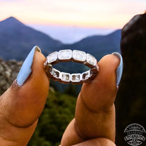 Celebrate everlasting love with our exquisite Radiant Cut Full Eternity Wedding Band and its matching East West Set Band. Crafted with a radiant cut in a bezel setting, this wedding jewelry is the perfect anniversary gift for her. Discover timeless elegance and sophistication in every detail. #RadiantCutRing #EternityWeddingBand #MatchingBand #EastWestSet #WeddingJewelry #BezelSetting #AnniversaryGiftForHer #HandcraftedJewelry #FineJewelry #BridalJewelry #LuxuryGift #CustomizableRing #Timele... Radiant Cut Rings, Radiant Cut Diamond, Eternity Wedding Band, Everlasting Love, Radiant Cut, Wedding Matches, Anniversary Gift For Her, Matching Band, Anniversary Bands