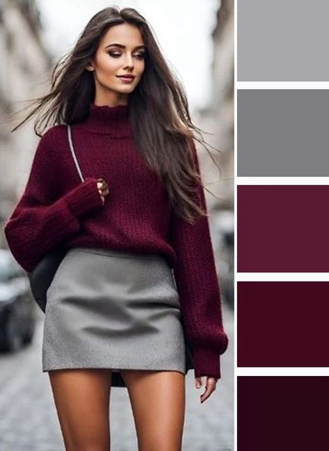 Maroon Skirt Outfit Winter, Bright Winter Fall Outfits, Bright Winter Palette Outfits, Luxury Lifestyle Outfits, Deep Winter Wardrobe, Burgundy Skirt Outfit Fall, Deep Autumn Outfits, Bordeaux Outfit, Autumn Color Palette Fashion