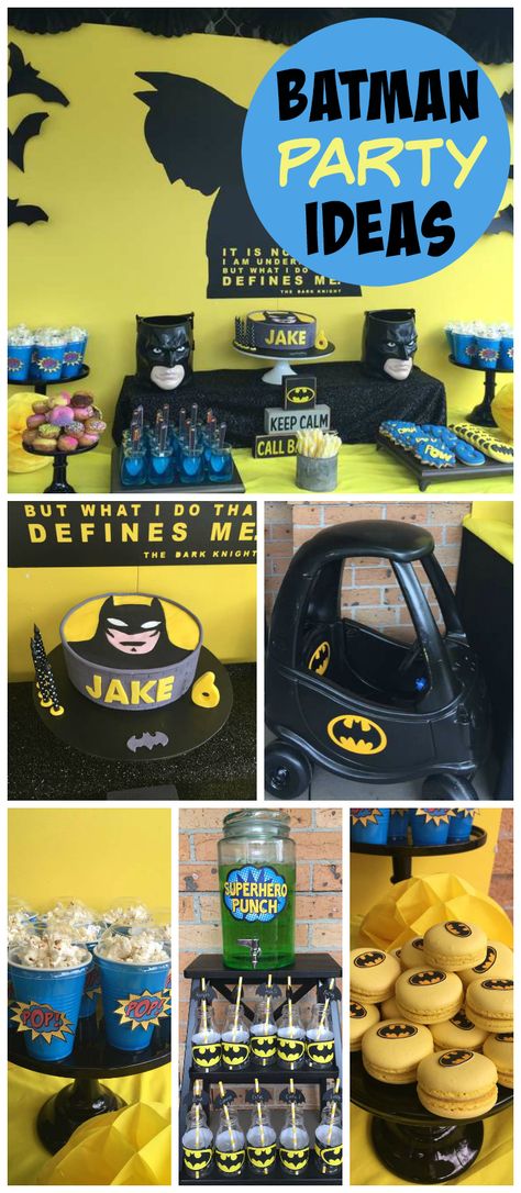 A Batman themed boy birthday party with a Batmobile, superhero punch, macarons, and popcorn! See more party planning ideas at CatchMyParty.com! Batman Party Ideas, Lego Batman Birthday Party, Batman Theme Party, Batman Themed Birthday Party, Lego Batman Birthday, Batman Theme, Batman Birthday Party, Batman Party, Batman Birthday