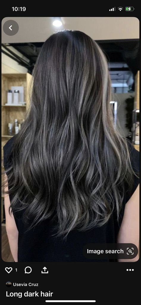 Silver Highlights On Black Hair, Jet Black Hair With Highlights, Dark Ash Hair Color, Ashy Babylights On Dark Hair, Dark Ash Brown Hair, Highlights For Dark Brown Hair, Couple Beach Photos, Black Brown Hair, Ash Hair