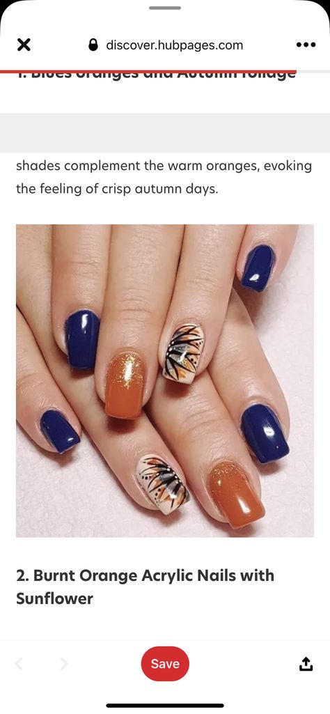 Navy Nails Design, Burnt Orange Nails, Orange Acrylic Nails, Navy Nails, Navy Blue Nails, Dark Green Nails, Sns Nails, Fall Gel Nails, Orange Nails