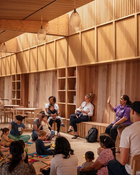 Studio Weave adds wood-lined community space to Lea Bridge Library Library Pavilion, Community Space Design, London Library, Precast Concrete Panels, Studio Weave, Co Housing, Timber Battens, Community Library, Community Centre