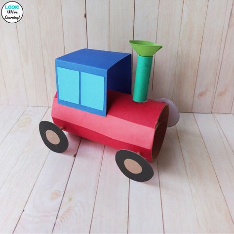 Easy Paper Roll Train Craft for Kids - Look! We're Learning! Train Crafts For Adults, How To Make A Cardboard Train, Cardboard Train Diy How To Make, Train From Cardboard Boxes, Train Cardboard Box Diy For Kids, Train Craft, Train Crafts, Transportation Theme, Toilet Paper Roll