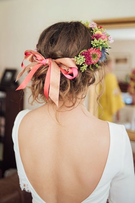 Boho bride - messy low updo with flower crown & ribbon - bridal hair inspiration Updo With Crown, Flower Crown Updo, Crown Updo, Flower Crown Bride, Bride Updo, Boho Flower Crown, Flower Crown Hairstyle, Bridal Hair Inspiration, Bride Headband