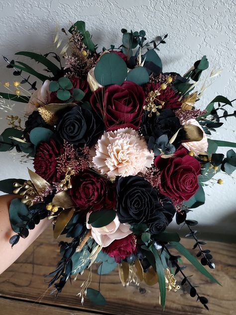 Dark Fall Themed Wedding, Dark Purple And Green Wedding Flowers, Moody Romantic Winter Wedding, Dark Woods Wedding, Black And Wine Wedding, Dark Wedding Theme Color Schemes, Dark Flower Arrangements, Moody Wedding Makeup, Moody Wedding Centerpieces